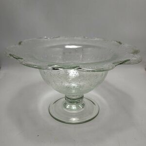 Vintage Hand Blown Pedestal Bubble Clear Art Glass Footed Serving Bowl 11.5 x6.5
